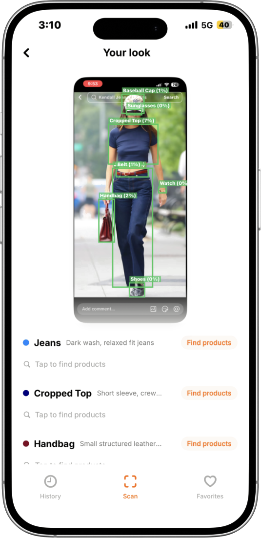 Haul app — outfit scan with bounding boxes and product results